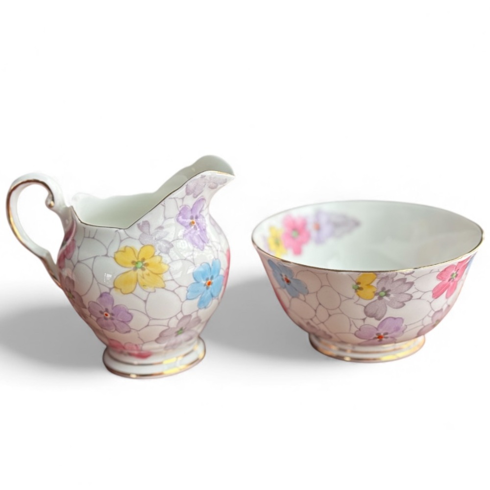 Vintage Creamer and Sugar Bowl Set Royal Tuscan Primrose Floral China